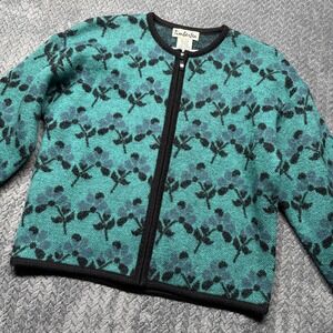 VTG Timberlea‎ Wool Sweater Women's S Teal Black Cardigan Floral Full Zip 90s